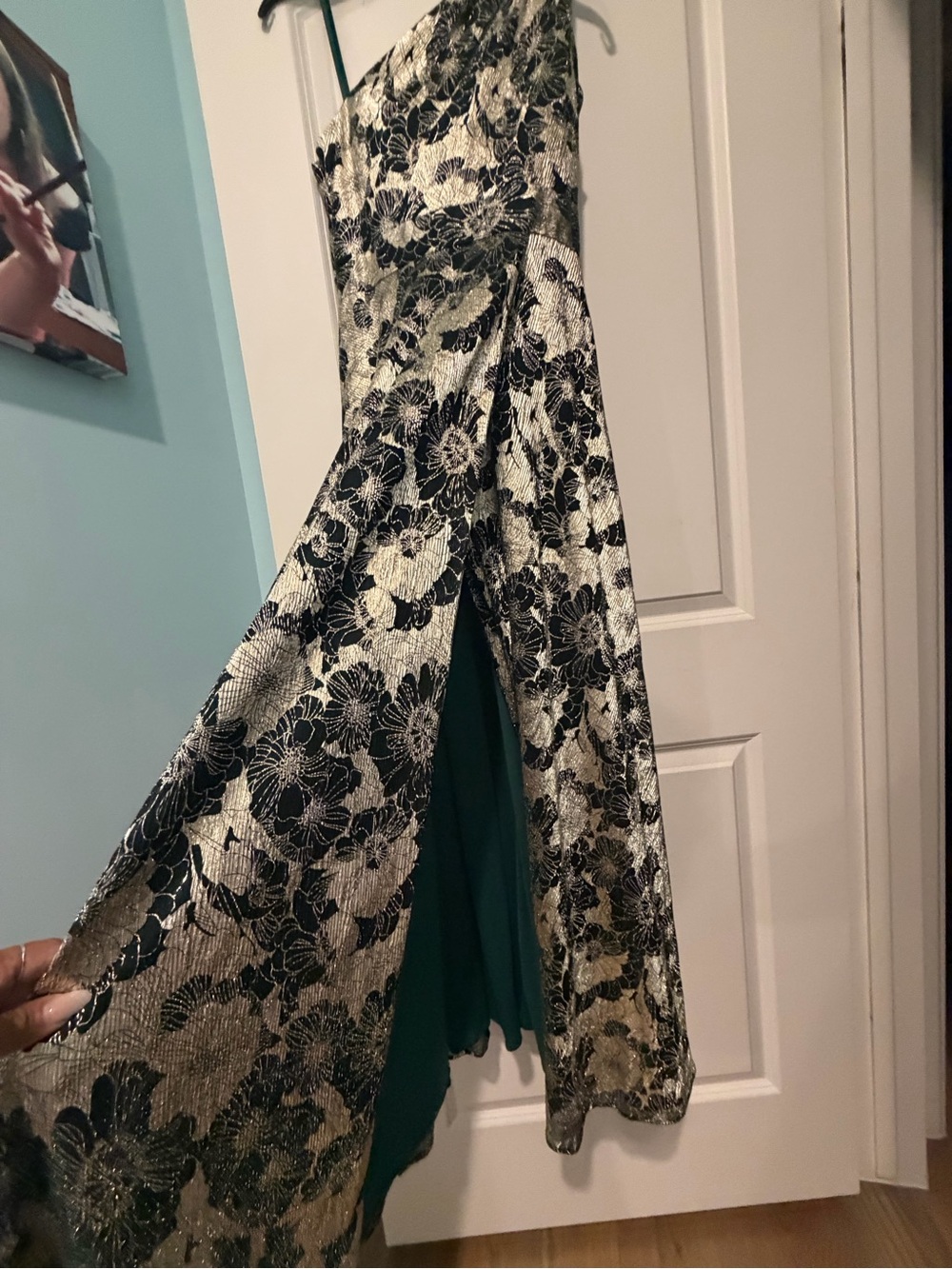 Betsy & Adam Black and Silver Floral One-Shoulder Gown